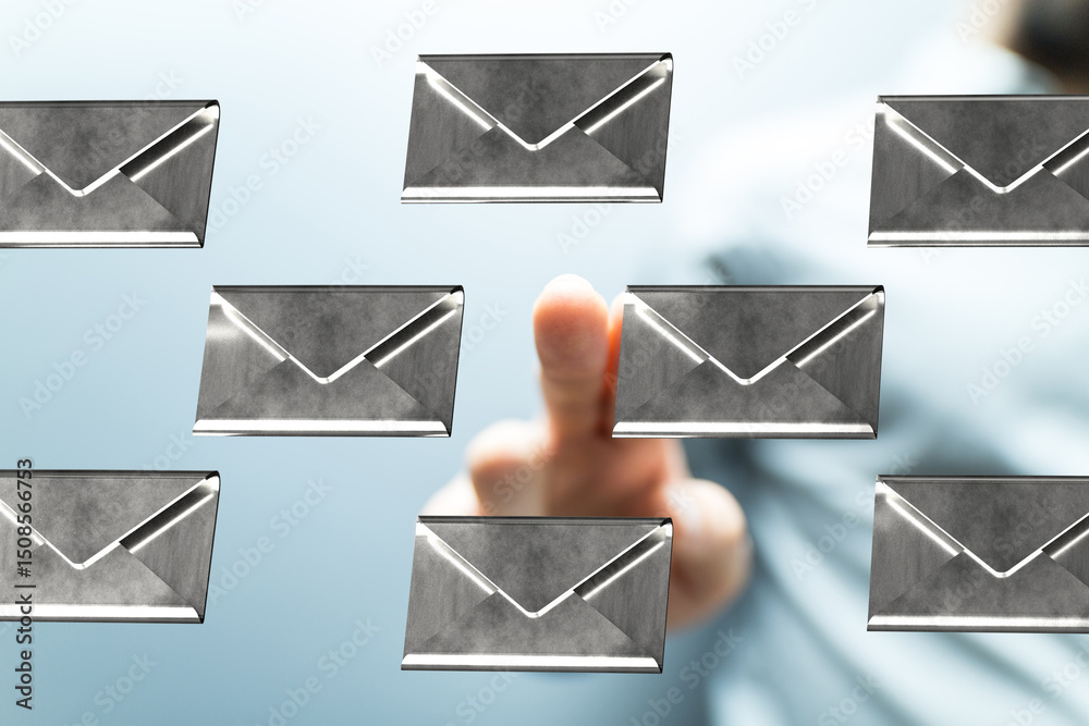 Poster hand choosing an email from many,inbox management, digital communication.