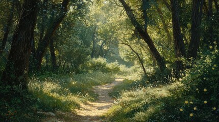 Obraz premium Tranquil nature pathway lush forest scenic landscape sunlit environment serene viewpoint peaceful atmosphere for relaxation