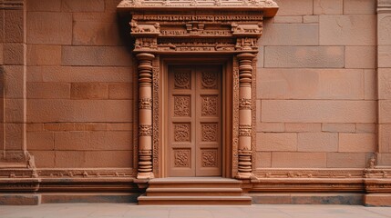 Obraz premium Ornate carved brown stone doorway set in a detailed ancient architectural wall with intricate patterns and columns.