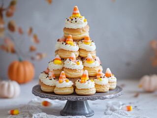Festive Halloween Croquembouche Tower Adorned with Candy Corn and Whipped Cream Frosting