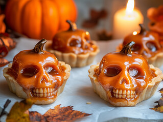 Spooky Halloween Pumpkin Skull Tarts with Caramel Glaze and Autumnal Decorations
