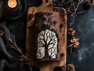 Enchanting Chocolate Yule Log Cake with Intricate Winter Tree Design and Rustic Forest Elements