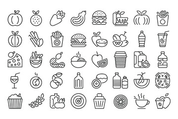 Food and drink set of web in line style icons vector illustration isolated on white background.