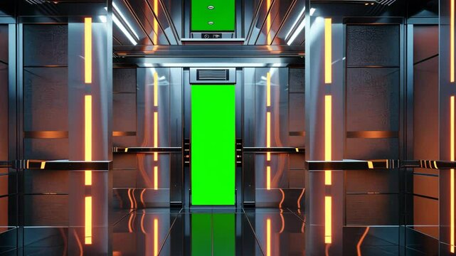 Modern sci-fi elevator opening doors with green screen inside