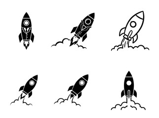 Vector rocket icons with transparent background displaying launching rockets and copy space