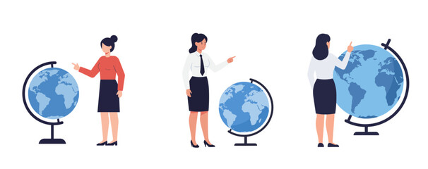 Vector illustrations of teacher interacting with globe on transparent background and copy space