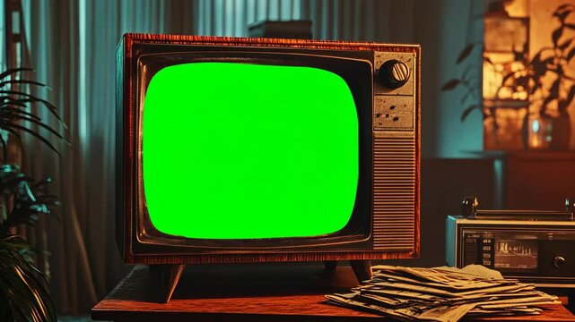 Old vintage TV with static and green screen display