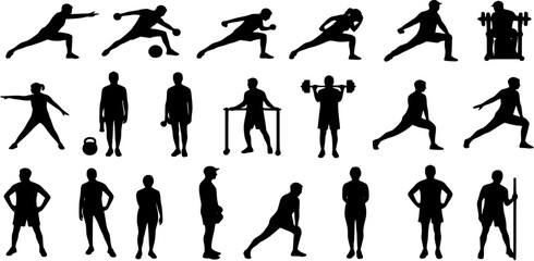 Vector silhouettes collection of active senior people doing fitness exercises
