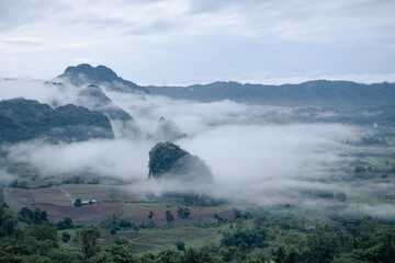 Magic mountain rises through mist with clouds weaving softly around lush green landscape creating serene and peaceful atmosphere