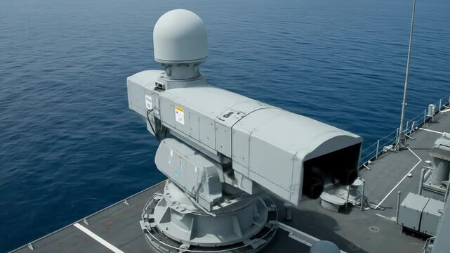 Gray radar system on a naval vessel high angle view