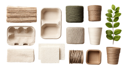 Assortment of eco friendly packaging, plant based materials, and natural fibers showcasing sustainable alternatives for a greener future, presented on a transparent background for versatile use
