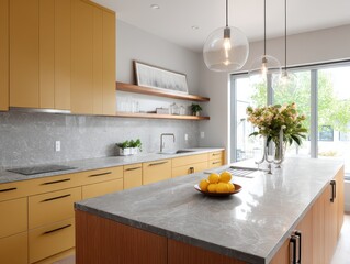 Contemporary kitchen with mustard yellow cabinets and gray countertops.