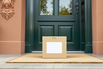 Cardboard box with blank label on a doormat in front of a green door, outdoor daylight scene, concept of home delivery or e-commerce. Ai generative