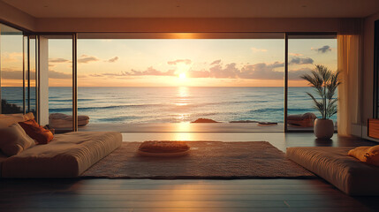Luxury beach house living room, modern architecture, ocean front property landscape. Sleek contemporary designer furniture, minimalist deco interior, large window, panoramic coastal view background