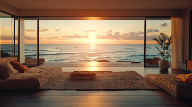 Luxury beach house living room, modern architecture, ocean front property landscape. Sleek contemporary designer furniture, minimalist deco interior, large window, panoramic coastal view background