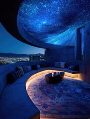 A rooftop lounge area with a starlit ceiling at night.
