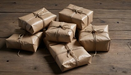 Collection of Kraft Wrapped Gifts with String on Wooden Surface