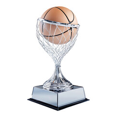 Basketball trophy with net and ball frozen in motion, chrome finish and mirrored base, layered with engraved glass isolated on tranparent background