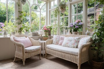 A sunlit conservatory filled with light, floral displays, and delicate wicker furniture.