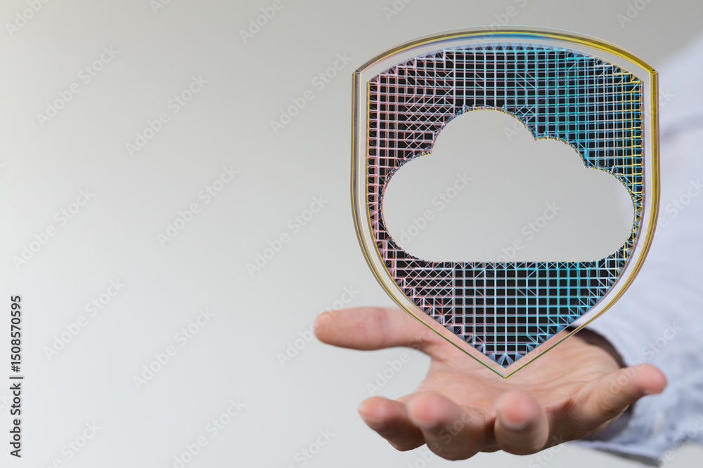 Poster Image of a hand holding a digital shield protecting a cloud, symbolizing secure cloud data.