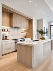 A modern kitchen island with light wood cabinets and marble countertops.