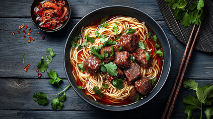 Exquisite close-up showcasing a delectable bowl of spicy beef noodle soup, ideal meal