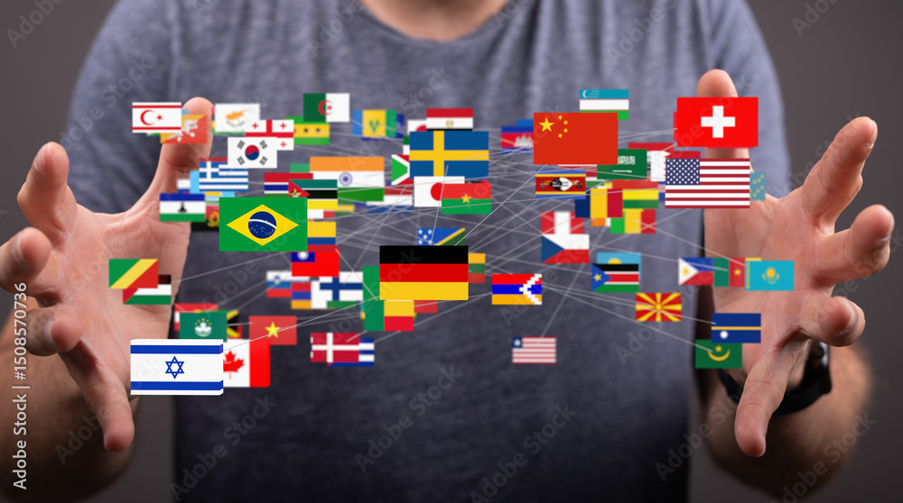 Leinwandbilder image of hands holding a network of interconnected flags representing global connections.