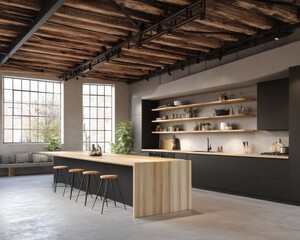 Industrial style kitchen with open shelving and a large island.