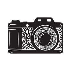 Stylized camera icon with tribal tattoo elements for merchandise