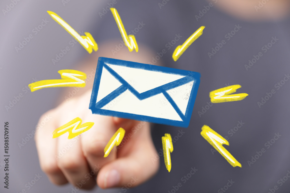 Poster Close-up of hand interacting with a digital email icon, signifying new message or notification.