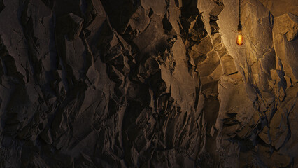 Dark Stone Wall with Edison lamp Lighting 3D Rendering