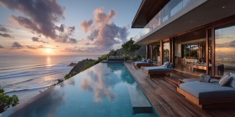 Oceanfront infinity pool and modern villa at sunset.