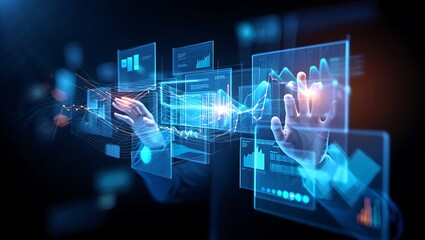 Futuristic Hand Interacting with Holographic Data Displays Showing Graphs Charts and Business Analytics