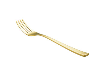 A sleek gold-plated fork with a reflective finish and a slightly curved handle. 3D Illustration
