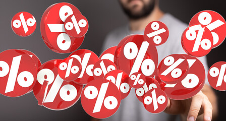 3D rendered image of red percentage symbols floating around a man's hands, perfect for discount and...