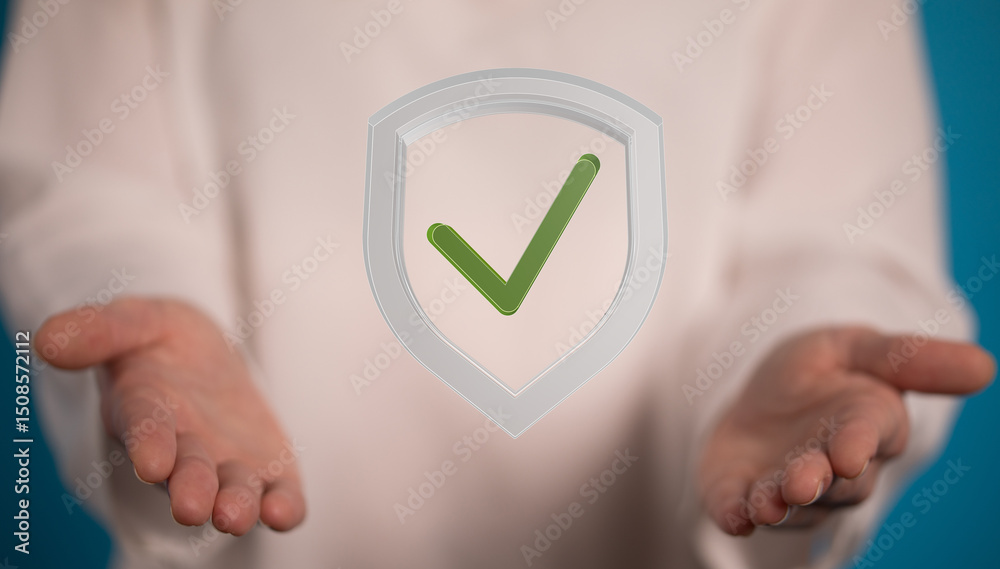 Poster image of a shield with a checkmark, symbolizing security, safety, and data protection.