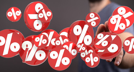 3D rendered image of red percentage symbols floating, ideal for discount, sale, and finance...