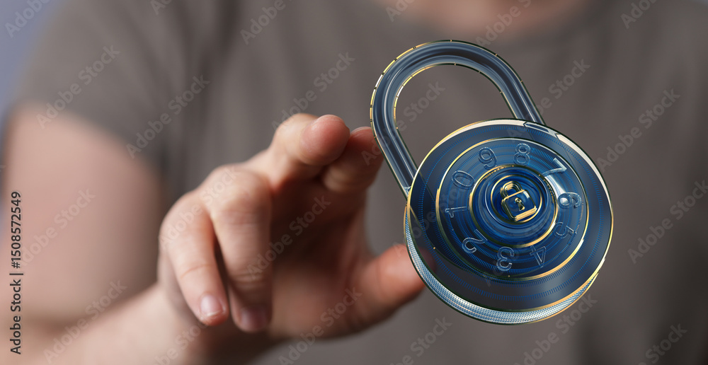 Poster close-up of a hand reaching for a digital combination lock, symbolizing online security and data pro