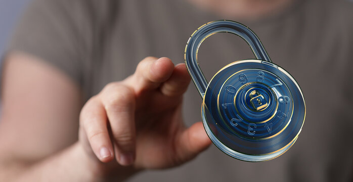 Close-up of a hand reaching for a digital combination lock, symbolizing online security and data protection.