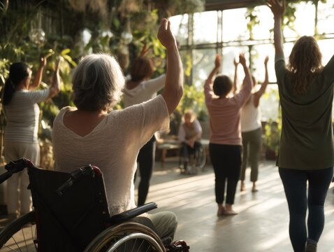 Senior woman in wheelchair practicing gentle arm yoga poses with diverse group in inclusive class