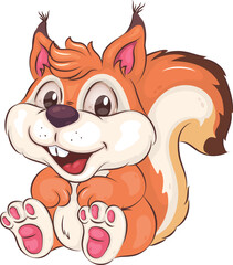 Cute Cartoon Squirrel. A cute cartoon squirrel sits and smiles sweetly. Positive and unique design. Children's illustration. 