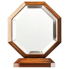Octagonal glass panel with glossy oak base, symmetrical and clean isolated on tranparent background