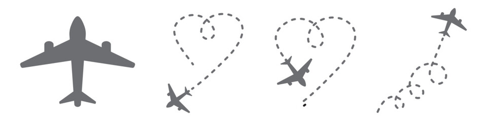 Aircraft icons set isolated on transparent background. Plane icon, aircraft with dotted rout vector illustration. Airplane dotted route line set. Path travel line shapes.