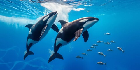 Orcas playfully breach, smaller fish dart around them in a vibrant underwater scene with swirling waves,  vibrant,  aquatic life