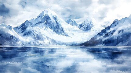 Serene Winter Landscape Majestic Snow-Capped Mountains Reflecting on a Frozen Lake