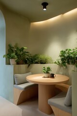 A cozy, intimate seating area with a round table and built-in benches.