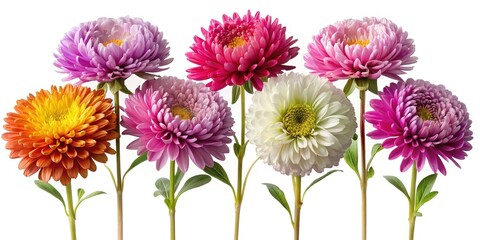 A vibrant and colorful array of aster flowers in full bloom on white