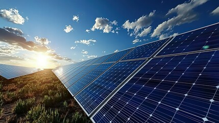Expansive solar farm harnessing renewable energy desert landscape photovoltaic panels dusk viewpoint