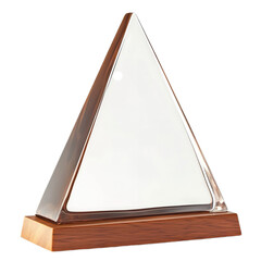 Sharp triangular glass award with glossy brown wood panel base, clean silhouette isolated on tranparent background