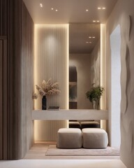 Modern vanity area with neutral tones and soft lighting.